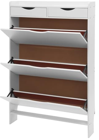 QIERF Schuhschrank schmal – mit 3 Klappen & 4 Ablageflächen, Schuhregal Schuhkommode weiß, BHT ca. 80x17x125cm