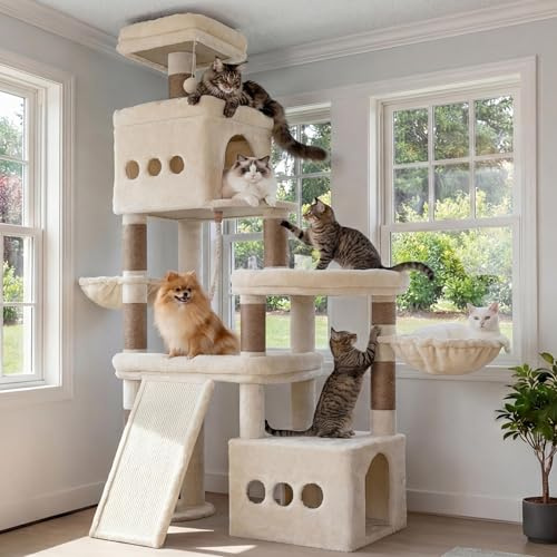 Heybly Arbre à Chat de 184 cm, Tour Anti-Bascule pour Chats de Grande Taille, Meuble Tout-en-Un avec Perchoirs Spacieux, Zones Interactives Multiples et Grand Grattoir en Sisal, Beige HCT060MJ