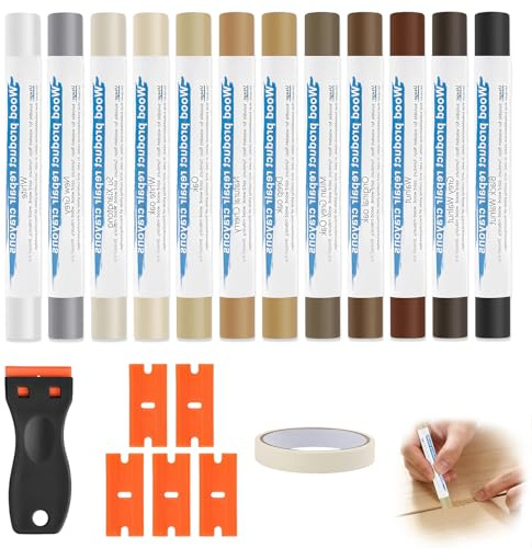 12 Farben Hartwachs Reparaturset Laminat Reparaturset mit Schaber | für Holz mit Abdeckband Möbelreparatur Wachs Holzrestaurierungs Holz Reparaturset für Bodenbeläge Möbel Holzwände Reparieren