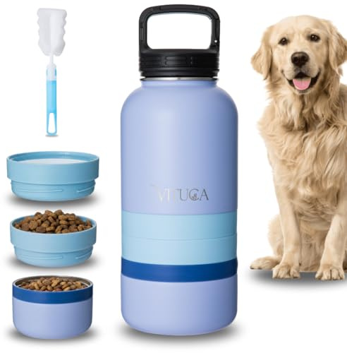 VITUCA Bebedero Perro Portátil 1L de Acero Inoxidable Aislado | Botella Agua Perro Ultra Resistente con Compartimentos para Comida y Premios | Sistema 3 en 1 para Paseo y Viaje