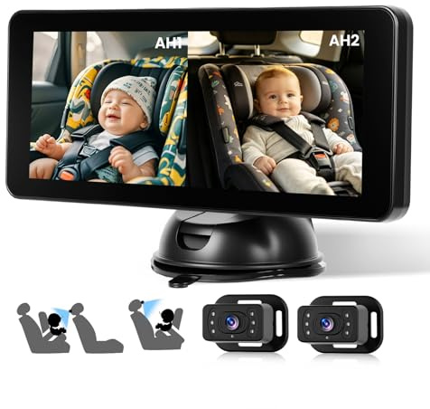Hikity 720P Baby Autokamera für 2 Kinder 6.86 Zoll Ultrawide IPS Display | IR Nachtsicht 360°Drehbar Split Screen Einfache Installation Baby Kamera Auto für Limousinen Lieferwagen und SUV