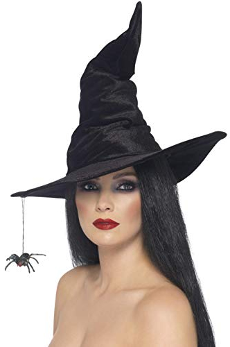Smiffys Black Witch Hat with Hanging Spider – Velour Halloween Fancy Dress Accessory for Adults – One Size Fits Most – Witches Costume Hat for Spooky Parties, Trick or Treat, or Cosplay Events
