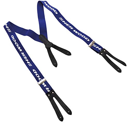 SHER-WOOD - Junior Pro Hosenträger mit Lederlaschen I Hosenträger für Eishockeyhosen I Skihosen I ideal zum Skifahren & Schlittschuhfahren I Kinder Hosenträger für Schneehosen - Blau / Leder