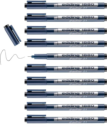 edding 1880 profipen - black - 10 pens - line width 0.1 mm - fineliner pen for precise writing, sketching and technical drawing - fine, metal-encased nib - suitable for use with rulers and stencils