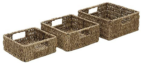 JVL Seagrass Square Storage Baskets with Inset Handles, Set of 3