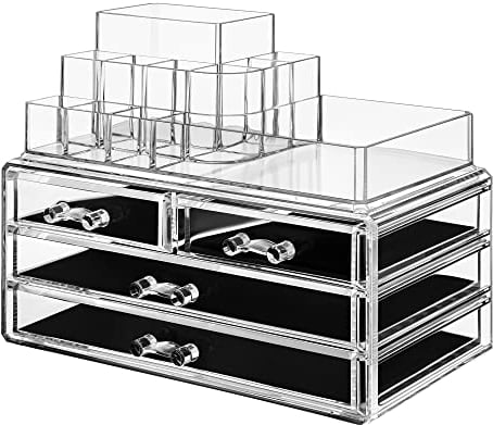 SONGMICS Make-up Organizer, Kosmetik-Organizer mit 4 Schubladen und 11 Fächern in unterschiedlichen Größen, rutschfeste Einlagen, für Schminke und Schmuck, transparent JKA001TP