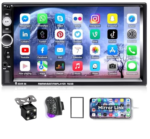 CAMECHO 7 Double Din Car Stereo Audio Bluetooth MP5 Player USB FM Multimedia Radio+ 4 LED Mini Backup Camera with Steering Wheel Remote Support Mobile Phone Synchronization (Used in Android/iOS)