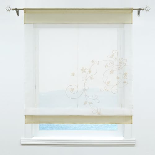 ESLIR Raffrollo Weiß Raffgardine Transparent Vorhänge küche Gardinen Bändchenrollo Tunnelzug Bestickt Voile Sand BxH 100x140cm 1 Stück