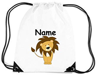 Shirtinstyle Turnbeutel für Kinder, Tiermotiv Löwe mit Wunschnamen Farbe Weiss