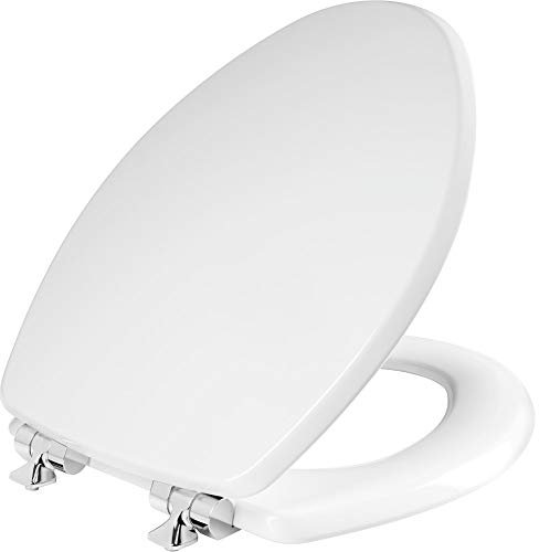 MAYFAIR 126CHSL 000 Benton Toilet Seat with Chrome Hinges Will Slow Close and Never Come Loose, Elongated, Durable Enameled Wood, White