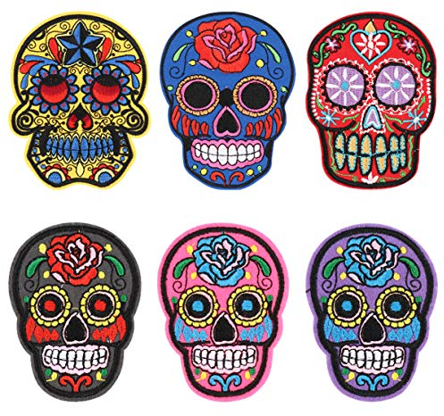 EXCEART 6Pcs Sugar Skull Iron-on Embroidered Patches Day of The Dead Sew On Badge Stickers Assorted Punk Style Skull Ghost Head Motif Hot Melt Appliques for DIY Decoration T-Shirt,Hoodies,Jeans,Bags