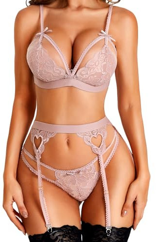 RSLOVE Femmes Ensemble Lingerie Dentelle Jarretière Sexy Porte Jarretelles Soutien-Gorge et Culotte Rose foncé L