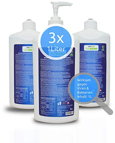 MyMaxxi | Desinfektionsmittel für Hände flüssig 3 x 1L ONEHAND Händedesinfektionsmittel | Hygiene | spendet Feuchtigkeit | Handdesinfektion zum Nachfüllen für Desinfektionsmittelspender