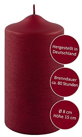FINK dunkelrote Kerzen für Advent Nikolaus Weihnachten - rußarm - lange Brenndauer ca 80 Stunden - Weihnachtsdeko H 15 D 8 cm