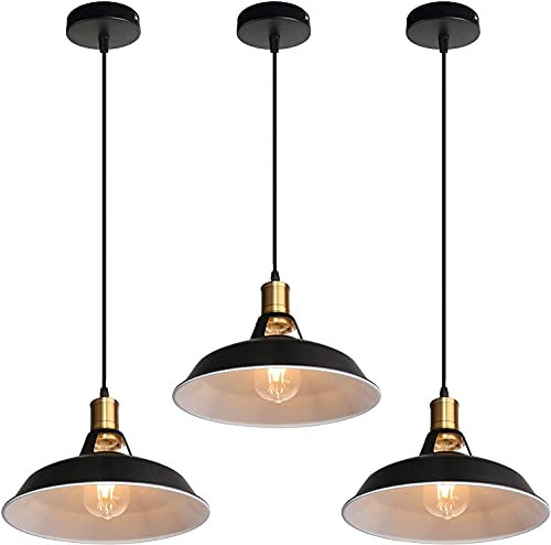 TOKIUS 3 pezzi Lampada a Sospensione Industriale Vintage Lampadario Plafoniera E27 in Metallo Ø27cm Lampada da soffitto Retro Interni Per Cucina Camera da letto Sala Da Pranzo (Nero&Bianco, 3 pezzi)