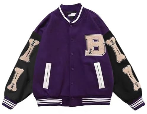 Varsity Collegejacka för män, Baseballjackor, Hip Hop-jackor, Furry Bone Color Block Streetwear Patchwork-mönster, Baseballjackor för män, Aviator Bomberjacka (Color : Purple, Size : M)