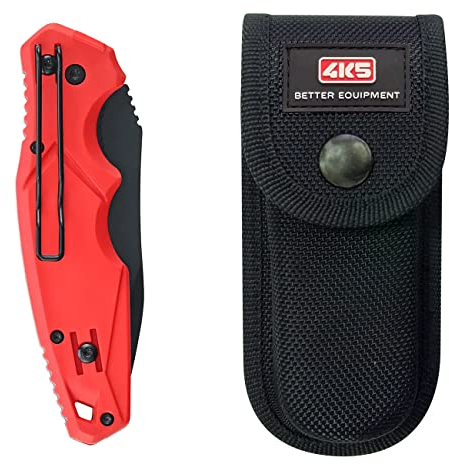 4K5 Tools Arbeitsmesser TK 100 (Klingenlänge 81 mm, DropPoint Knife 600.100A Klappmesser mit Holster Rot, Schwarz)