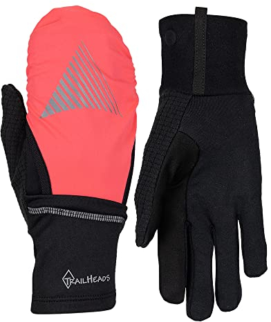 TrailHeads Damen Touchscreen-Handschuhe mit reflektierender wasserdichter Fäustlingschale, wandelbare Laufhandschuhe, Schwarz/helle Koralle, reflektierend (klein/mittel)