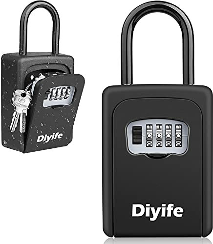Diyife Key Safe, [Weatherproof] Portable Lock Box for Keys Outdoor with Removable Shackle, Door Handle & Wall Mounted Combination Key Lock Box for Home Office Garage School Airbnb (Black)