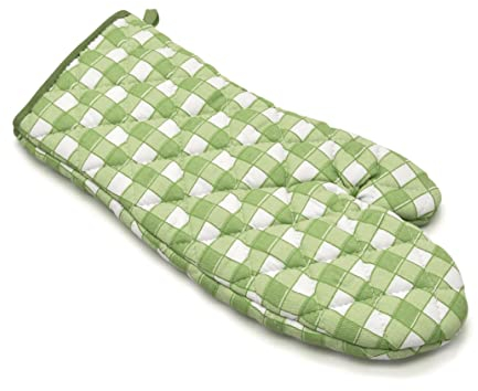Pack of 2 Single Oven Glove Kitchen Accessory Gauntlet Mitts Gingham Check Non Slip for Grill/BBQ/Cooking/Baking (Green)