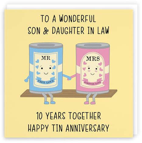 Hunts England - Large Son And Daughter In Law 10th Anniversary Card - To A Wonderful Son & Daughter In Law - 10 Years Together - Happy Tin Anniversary - Iconic - Large - 210 x 210 mm - Cute Card