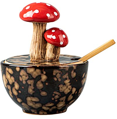Brown Ceramic Mushroom Salt Cellar With Lid and Bamboo Spoon