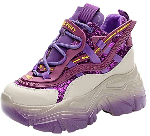 ANUFER Damen Hohe Plattform Chunky Trainer Schuhe Glänzend Pailletten Mode Keilabsatz Turnschuhe Lila SN070147 EU35.5