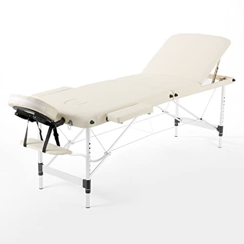 Panana Portable Massage Table Folding Lightweight Beauty Salon Spa Bed Therapy Couch (Beige, 3-Section, Aluminum Leg)