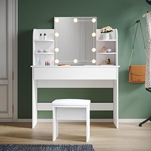 SUNXURY Schminktisch mit Beleuchtung und Hocker Kommode Frisiertisch B108xT40xH140cm modern Weiß Kosmetiktisch Schminktisch mit Spiegel Make Up Tisch