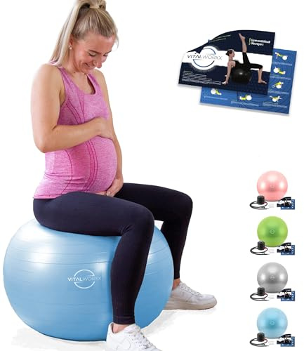VITALWORXX Gymnastikball für Schwangere, extrem stabil, Sitzball Yogaball Pezziball mit Pumpe, mit Übungen für Schwangerschaft, Geburt, Gesundheit,