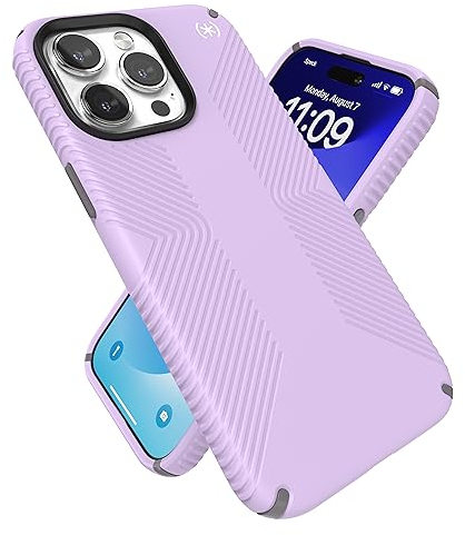 Speck Presidio2 Grip Schutzhülle für iPhone 15 Pro Max – gebaut für MagSafe, Fallschutz, kratzfest, weich, 17,5 cm (6,7 Zoll) – Presidio2 Grip Spring Purple/Cloudy Grey/White