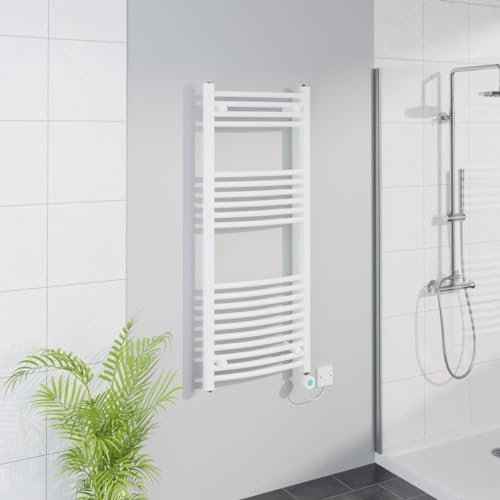 Warmehaus Smart WiFi Thermostatic Electric Bathroom Curved Heated Towel Rail Warmer Radiator with Timer 1200x500mm - White