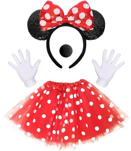 Faschingskostüme Damen, Maus Mouse Kostüm, Rot Tutu mit weiß Gepunktet, Haarreifen mit Maus Ohren, Handschuhe, Nase, Karnevalskostüme für minnie mouse für Fasching Karneval Motto Cosplay Party
