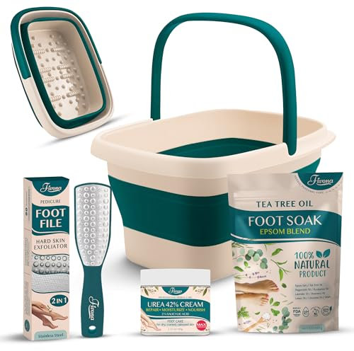 Fivona Foot Care Kit 4 in 1 - Foot Soak Blend with Epsom Salt, Tea Tree and Essential Oils - Collapsible Foot Soak Basin - 42% Urea Cream for Hard, Calloused Skin - Dual Action Foot File