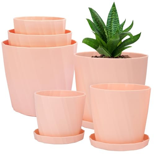 IHDYPPEW 6 Stück 8/6,5/5,3 Zoll Blumentopf-Set, rosa Pflanzgefäße mit Drainagelöchern und Untersetzern, Kunststoff-Blumentöpfe für Innen- und Außenpflanzen