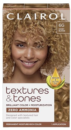 Clairol Textures & Tones Permanent Hair Dye, 6G Honey Blonde Hair Color| Ammonia Free | Moisture-Rich Formula with Argan, and Olive Oil for Brilliant Shine | Pack of 1