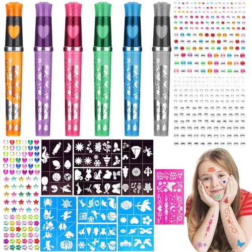 Aotfusd Tattoo Stifte Kinder, Glitzer Tattoo Stifte für die Haut, 6 Farbige Tatoostift mit 9 Set Schablone, 5 Set Strasssteine, Tattoo Gelstifte Set für Jungen Mädchen Party, Kinder Geschenk