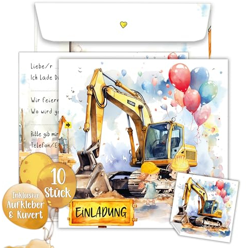 TOBJA Bagger Einladungskarten Kindergeburtstag Junge | XXL Bagger Geburtstagseinladungen jungen 15 x 15 cm | 10er Set mit Umschlägen & Stickern | Einladungskarten Geburtstag