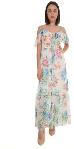 GUESS Damen Sl Elide Langes bedrucktes Kleid, Hanoi Cremeweiß Blumendruck, Groß