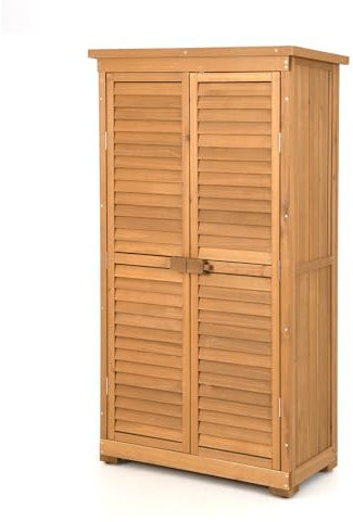 GOPLUS Armoire de Jardin en Bois de Sapin, Armoire Impermpéable avec Portes à Persiennes Verrouillable et Toit en Bitume, 2 Etagères Amovibles, Idéal pour Outils, Animaux, 87 x 42 x 160 CM, Naturel