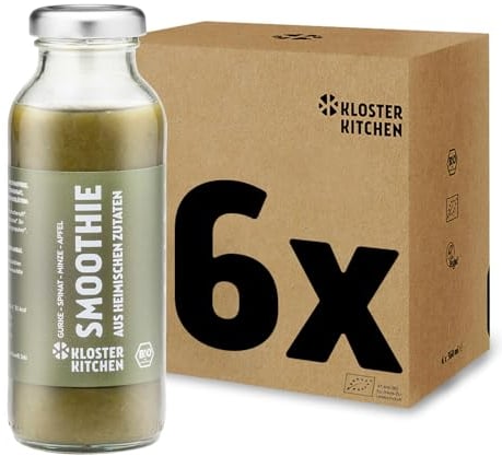 Kloster Kitchen Organic Smoothie Verde Cetriolo Spinaci Mela Menta 6x 250 ml I Superfood Colazione vegana I Bottiglia di vetro To Go I Prodotto con ingredienti locali