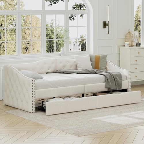 Kayan Sofabett 90x200cm, Tagesbett mit Zwei Schubladen, Bett mit Lattenrost aus Holz, Gästebett Schlafsofa Jugendbett für Schlafzimmer Wohnzimmer, Leinen (Beige)