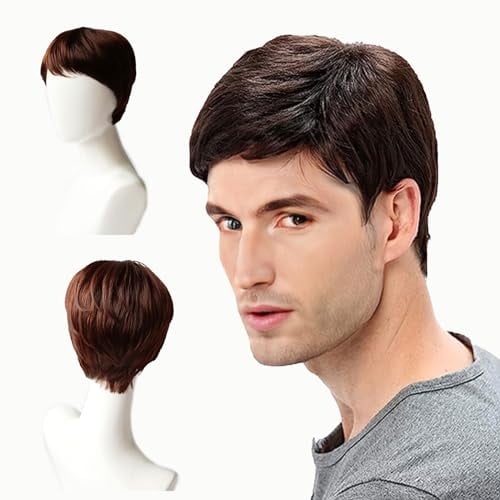 EUPSIIU Herren Perücke Herren braun Kurz Haare Layered Wave Perücken mit Pony Mottoparty Fasching 70er Jahre Cosplay Perücke Kostümparty Halloween Party Men Wigs Daily Wear(Braun)