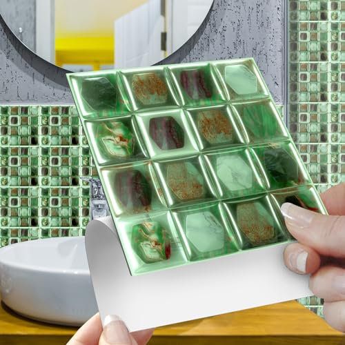 Targawerelax Mosaic Tile Stickers for Kitchen, Stick On Tiles for Bathroom Wall Self Adhesive Waterproof Vinyl Peel and Stick Wall Tiles Covers, Kitchen Splashbacks for Walls, Green Emerald gem