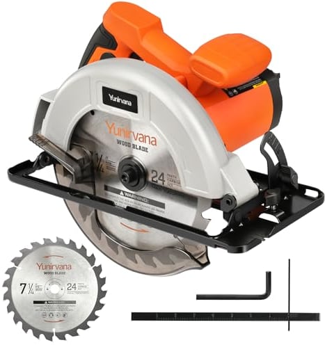 Yunirvana 1400W Sega Circolare con Guida Laser, massimo 6000RPM, Sega Circolare per Legno,profondità e angolo di taglio regolabili: 62 mm (90°) - 48 mm (45°), e lama da sega 185 mm