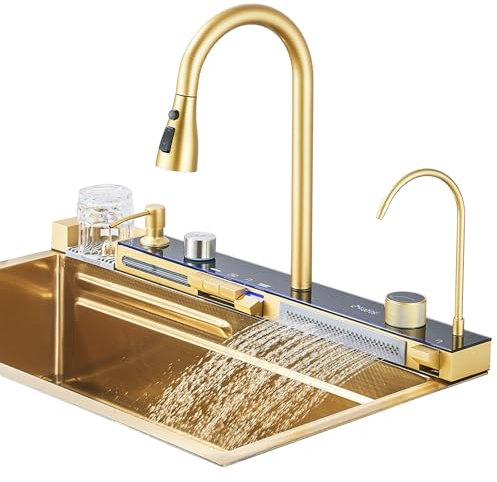 TVTIUO Fregadero de Cocina Multifuncional de Oro Cepillado con Grifo Extraible y Accesorios, Fregadero de Cocina de Acero Inoxidable con Pantalla Digital (75 cm X 45 cm)