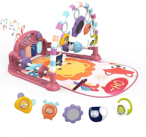 derimkcoa Baby Play Mat Baby Gym,Funny Play Piano Tummy Time Baby Activity Mat with 5 Infant Sensory Baby Toys, Music and Lights Boy & Girl Gifts for Newborn Baby 0 to 3 6 9 12 Months (Pink Lion)