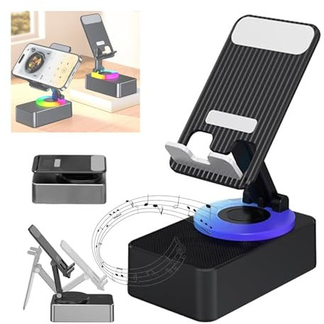 Bluetooth Audio Power Phone Holder, Phone Stand with Bluetooth Speaker, Foldable Cellphone Stand with Speakers Bluetooth Wireless,Wireless bluetooth speaker with cell phone Holder(Black)