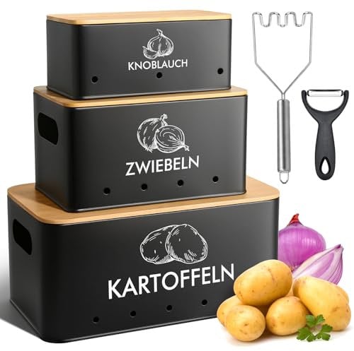 gmisun Kartoffel Aufbewahrungsbox 3er Set, Zwiebeln Aufbewahrung Und Kartoffeln Aufbewahrung in der Küche, Aufbewahrungsbox Küche Mit Schäler und Kartoffelpüree Werkzeug (Schwarz)