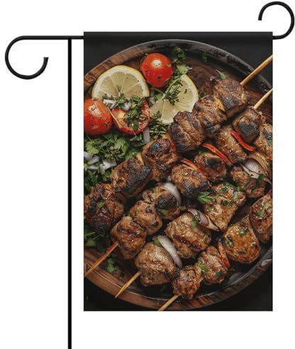 Willkommens-Gartenflagge, 46 x 31 cm, doppelseitig, für den Außenbereich, Kebab auf Holzteller, Hofflagge, saisonale Hofflagge, Outdoor-Flagge, Bauernhaus-Dekorationen, Flaggen für Halloween,